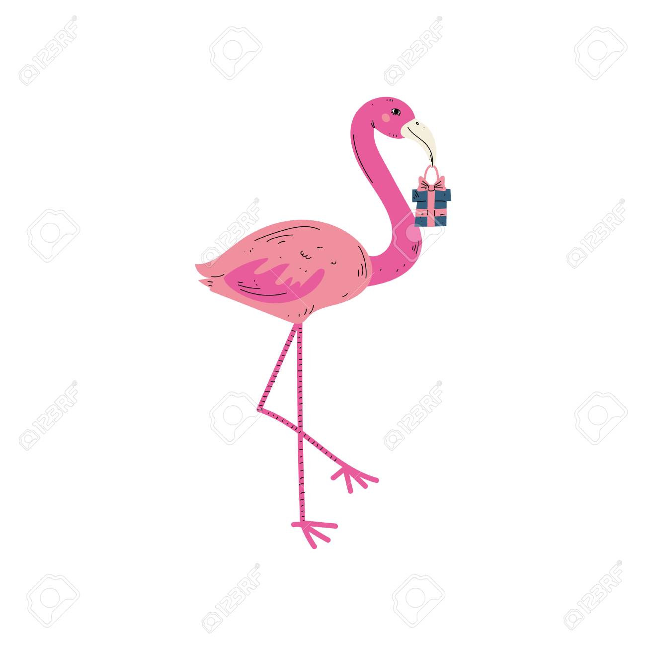 Beautiful Pink Flamingo With Gift Box Cute Animal Character