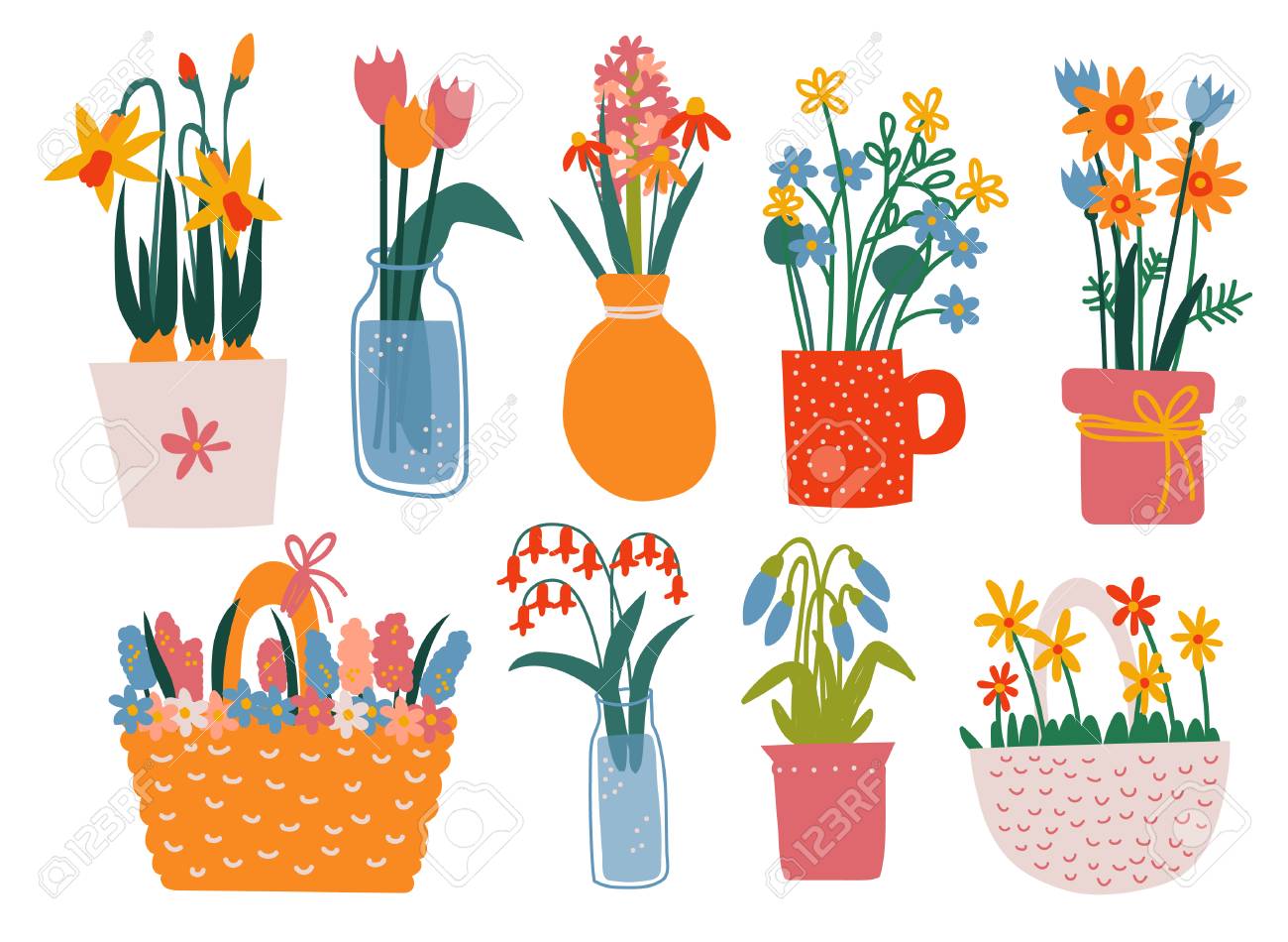 Colorful Spring Flowers In Vases Set Bouquets In Glass Ceramic