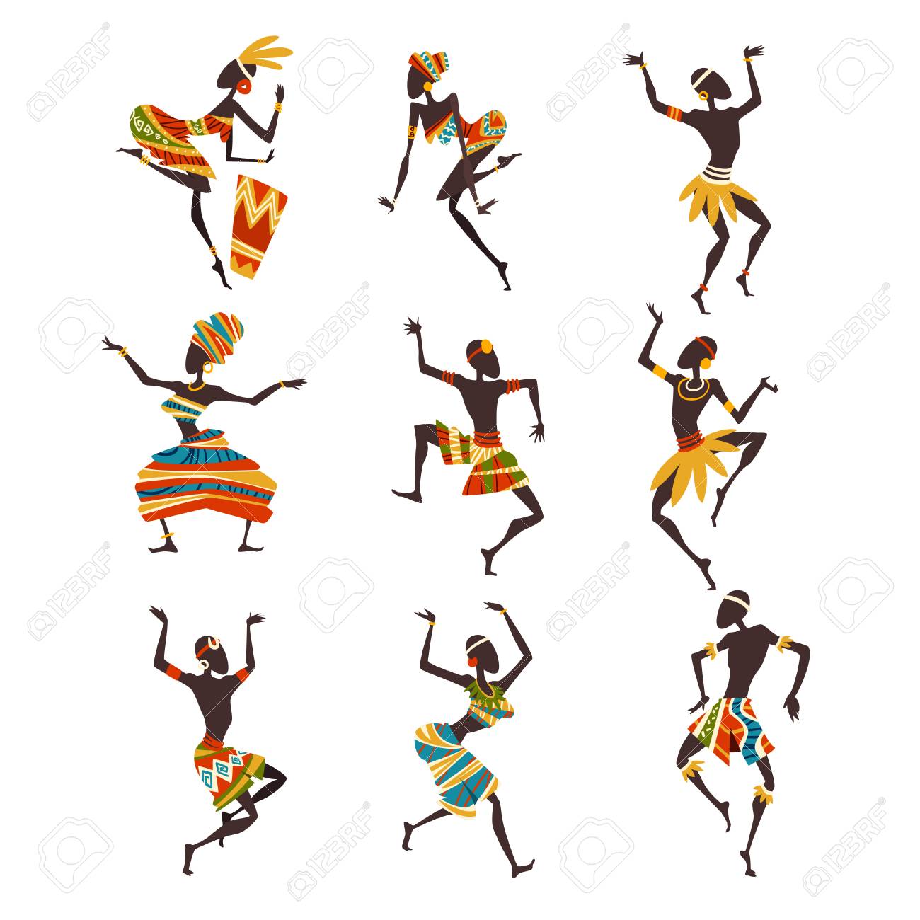 African People Dancing Folk or Ritual Dance Set, Female and Male Aboriginal Dancers in Bright Ornamented Ethnic Clothing Vector Illustration on White Background. - 124611768 African People Dancing Folk or Ritual Dance Set, Female and Male Aboriginal Dancers in Bright Ornamented Ethnic Clothing Vector Illustration on White Background. - 124611768