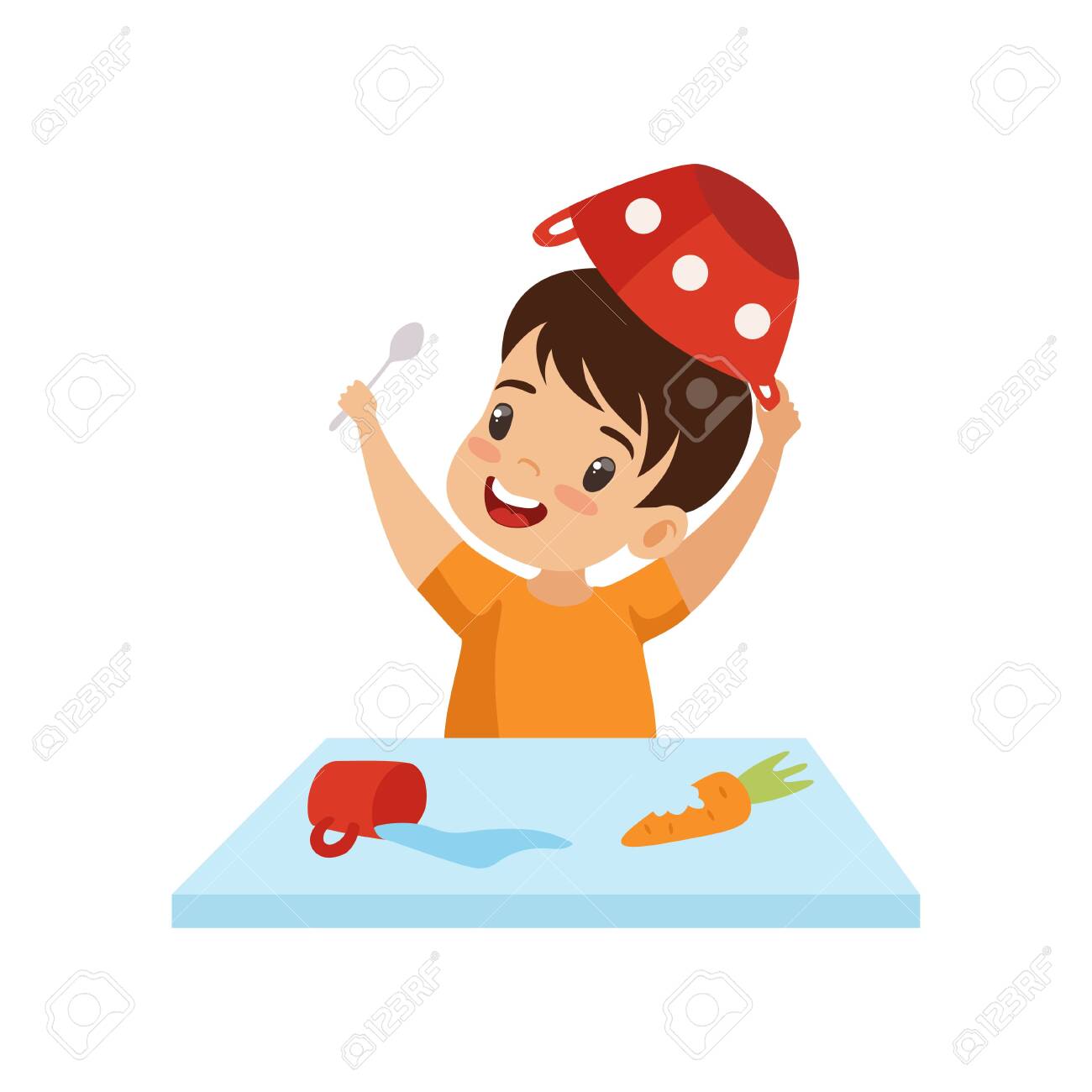 Boy Dabbling With Food At Table, Cute Naughty Kid, Bad Child Behavior  Vector Illustration On White Background. Royalty Free SVG, Cliparts,  Vectors, and Stock Illustration. Image 124297022., image size:1300x1300
