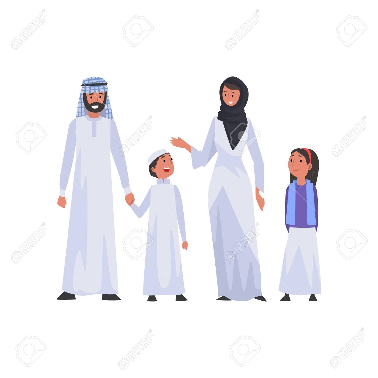 Happy Arab Family In National Clothes Muslim Parents And Two Children Vector Illustration Royalty Free Cliparts Vectors And Stock Illustration Image 121160878