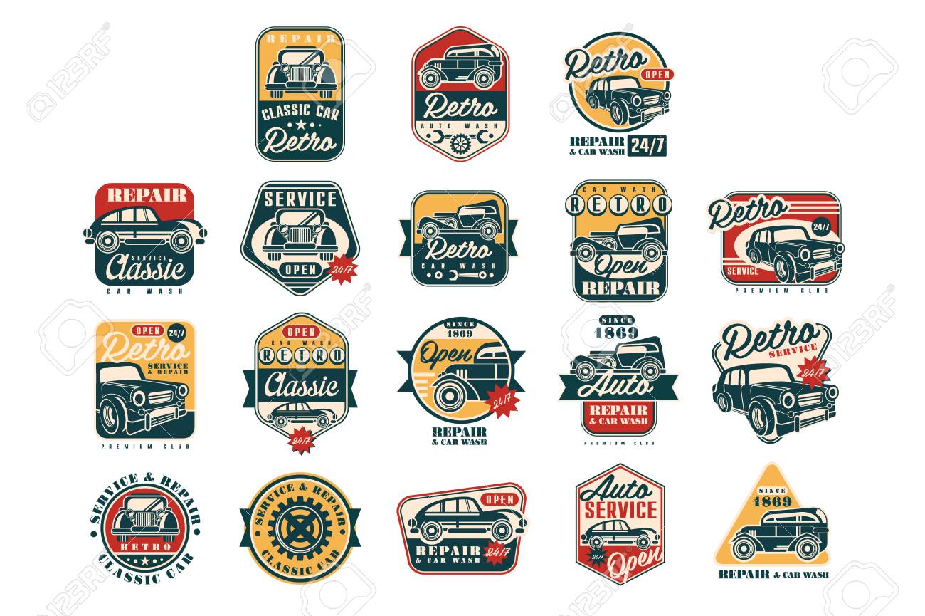 Car Repair Vintage Style Labels Set Auto Service Logo Badge Royalty Free Cliparts Vectors And Stock Illustration Image 121316490