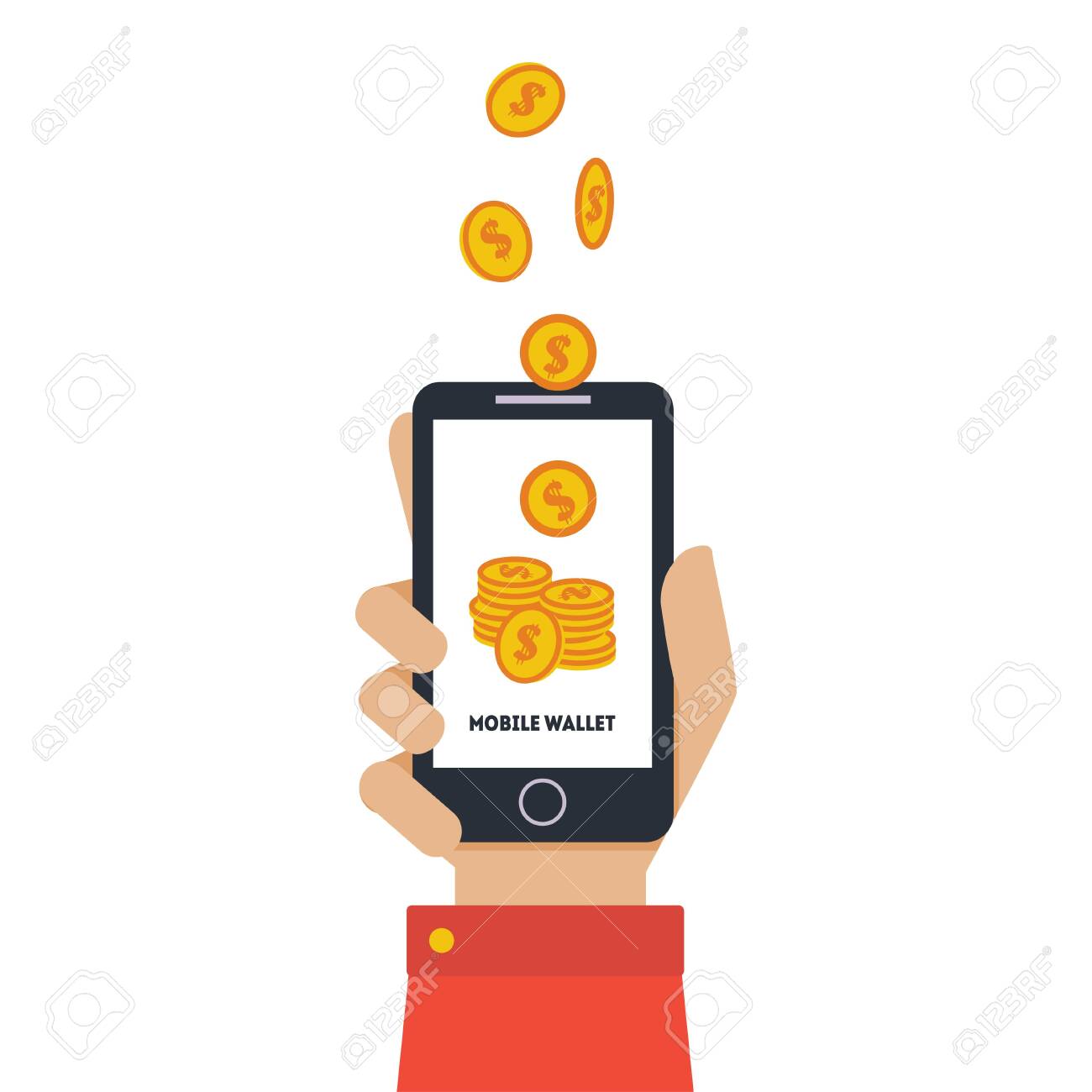 Digital Mobile Wallet, Hand Holding Smartphone, Wireless Money Transfer, People Sending and Receiving Money with Mobile Phone Vector Illustration on White Background. - 122831851 Digital Mobile Wallet, Hand Holding Smartphone, Wireless Money Transfer, People Sending and Receiving Money with Mobile Phone Vector Illustration on White Background. - 122831851