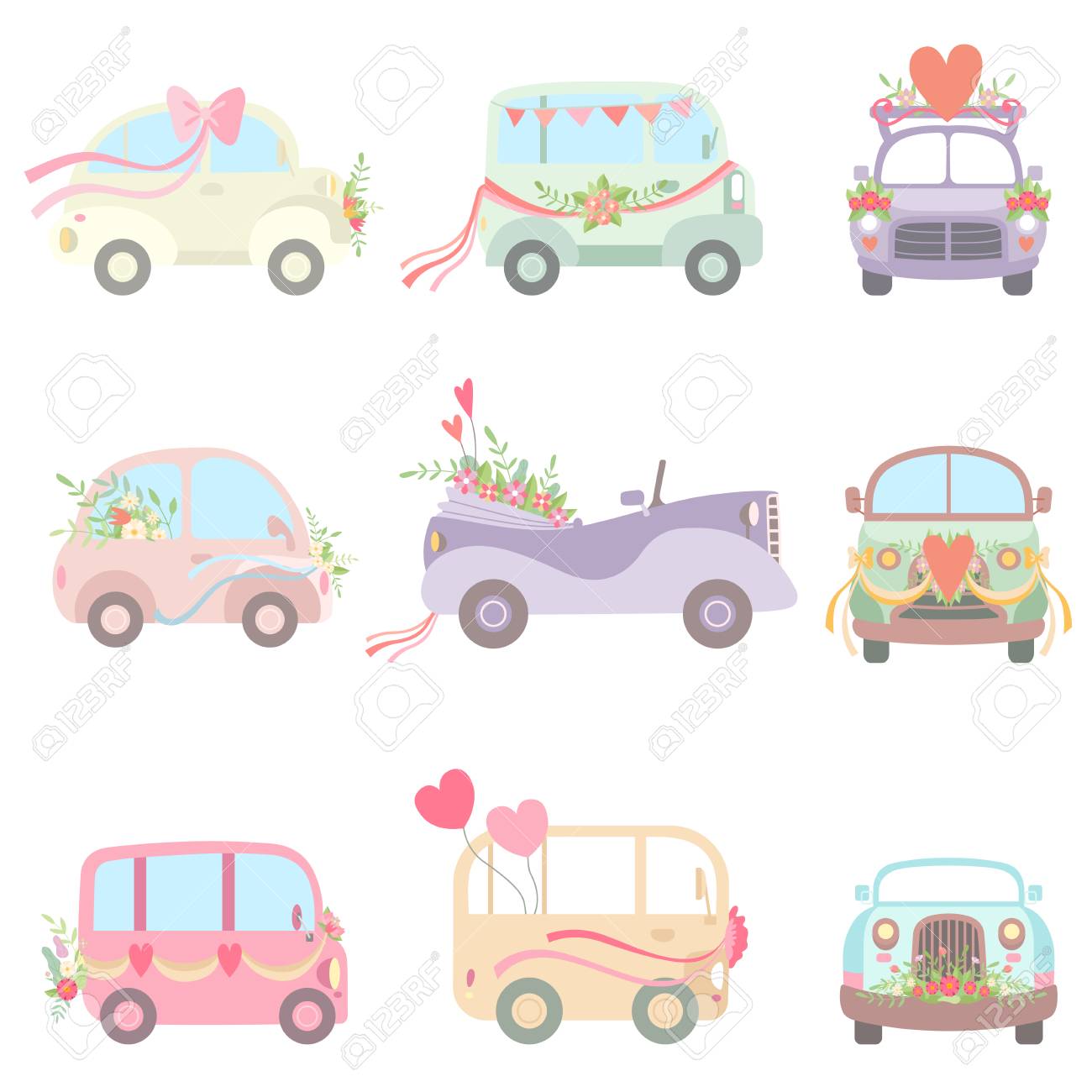Collection Of Cute Vintage Cars And Van Decorated With Flowers Royalty Free Cliparts Vectors And Stock Illustration Image 123353195
