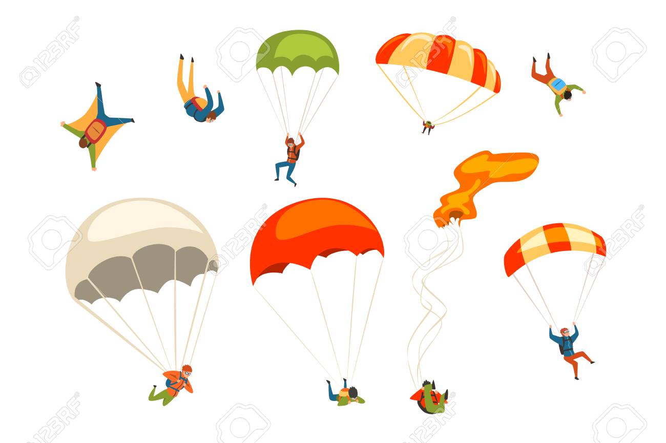 Skydivers flying with parachutes set, extreme parachuting sport and skydiving concept vector Illustrations isolated on a white background. - 128164100 Skydivers flying with parachutes set, extreme parachuting sport and skydiving concept vector Illustrations isolated on a white background. - 128164100