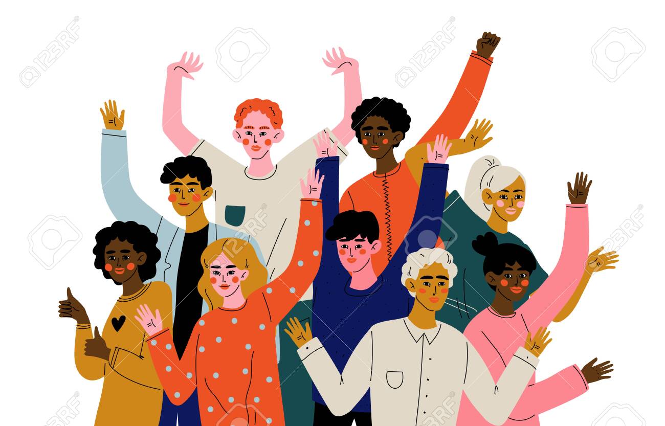happy young men and women standing together diverse multiracial social diversity
