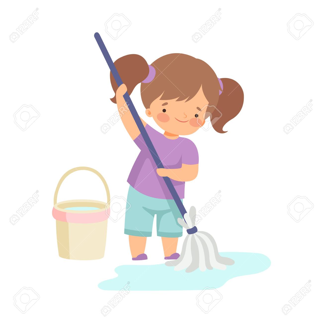 Cute Girl Washing the Floor with Bucket and Mop, Adorable Kid Doing Housework Chores at Home Vector Illustration on White Background. - 128165722 Cute Girl Washing the Floor with Bucket and Mop, Adorable Kid Doing Housework Chores at Home Vector Illustration on White Background. - 128165722