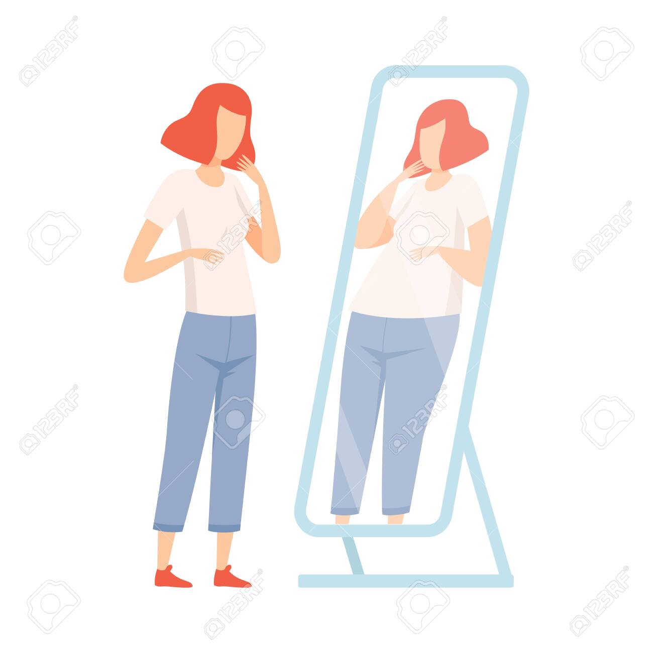 Slim Teen Girl Seeing Herself Fat in Mirror, Teenager Puberty Problem Vector Illustration on White Background. - 128166048 Slim Teen Girl Seeing Herself Fat in Mirror, Teenager Puberty Problem Vector Illustration on White Background. - 128166048