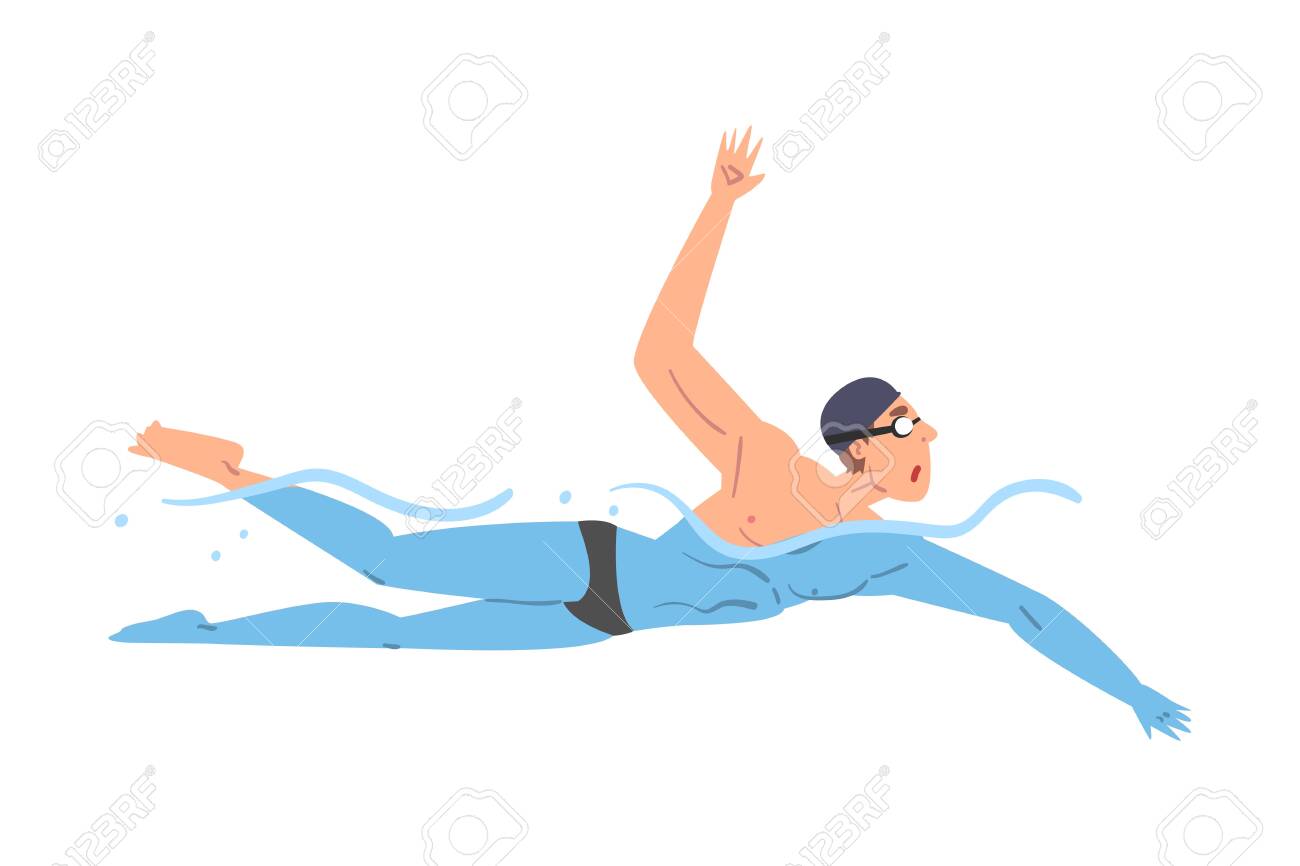 Male Athlete Swim In Swimming Pool Person In Swimwear Performing Water Activities Water Swim Sport Cartoon Style Vector Illustration Royalty Free Cliparts Vectors And Stock Illustration Image 154399767
