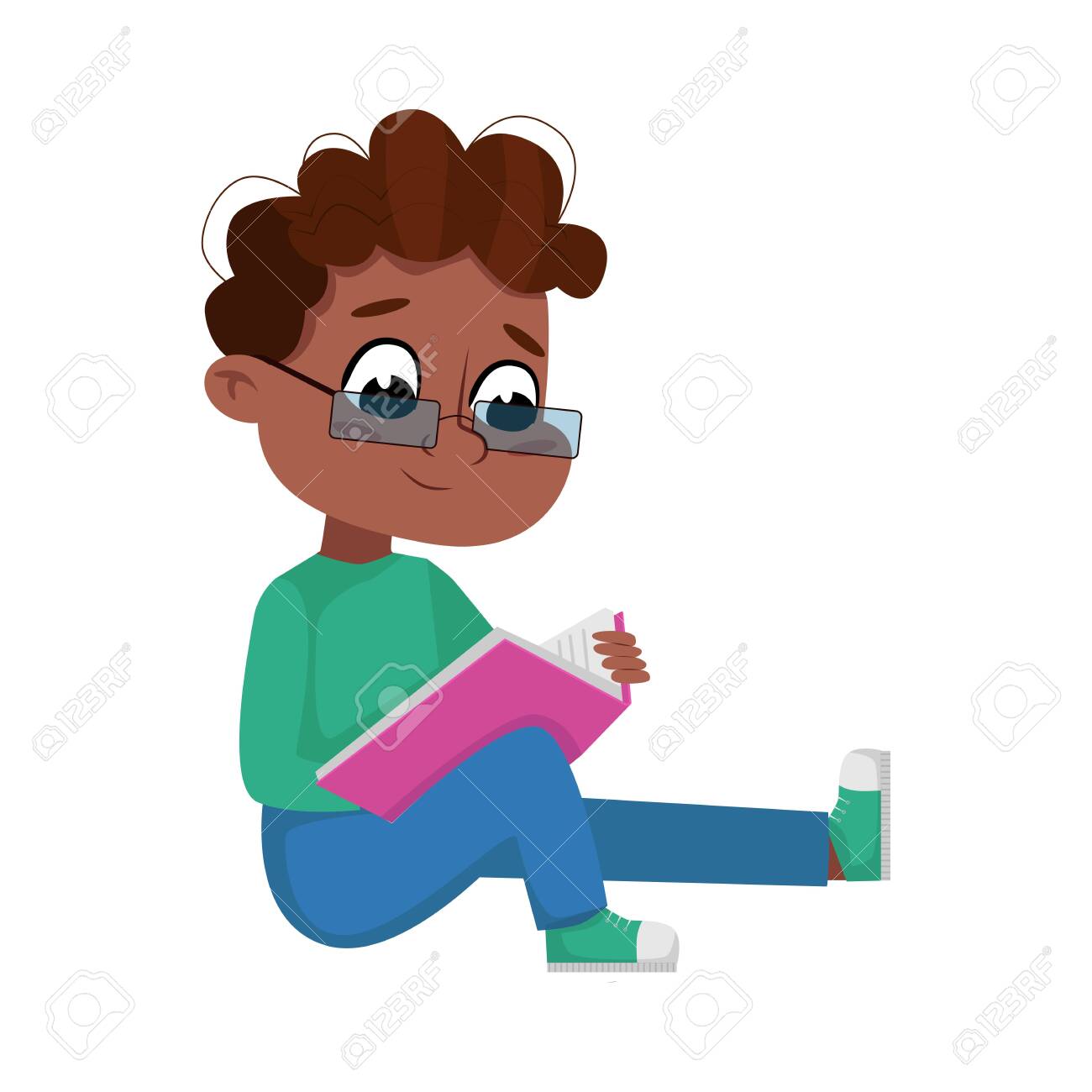 Ragazzo afroamericano carino con gli occhiali seduto sul pavimento e libro di lettura, bambino in età prescolare o studente di scuola elementare godendo di letteratura in stile cartone animato illustrazione vettoriale - 155790500 Ragazzo afroamericano carino con gli occhiali seduto sul pavimento e libro di lettura, bambino in età prescolare o studente di scuola elementare godendo di letteratura in stile cartone animato illustrazione vettoriale - 155790500