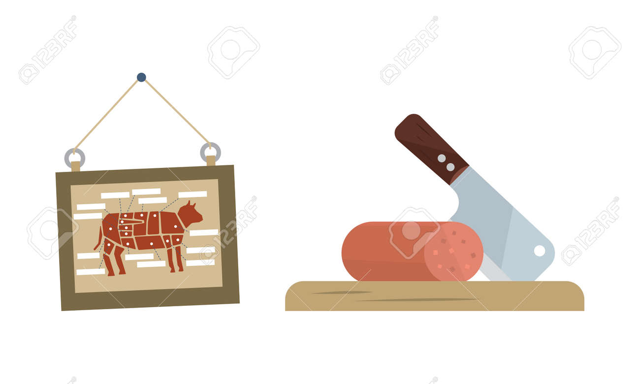 Butcher Shop or Meat Market with Wurst on Cutting Board and Board with Beef Vector Set - 166394367 Butcher Shop or Meat Market with Wurst on Cutting Board and Board with Beef Vector Set - 166394367