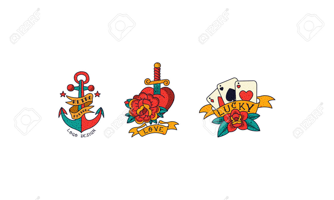 Old School Tattoos Set, Anchor, Love, Lucky Vintage Style Tattoo Vector  Illustration. Клипарты, SVG, векторы, и Набор Иллюстраций Без Оплаты  Отчислений. Image 167476828