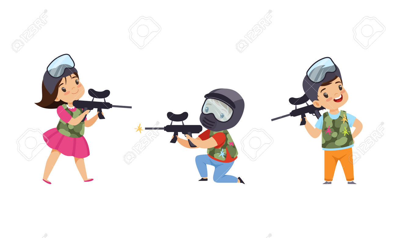 Cute Kids Playing Paintball Set, Boys And Girls Paintball Players  Characters Wearing Masks And Vests Playing Strategy Game Cartoon Vector  Illustration Клипарты, SVG, векторы, и Набор Иллюстраций Без Оплаты  Отчислений. Image 169266539