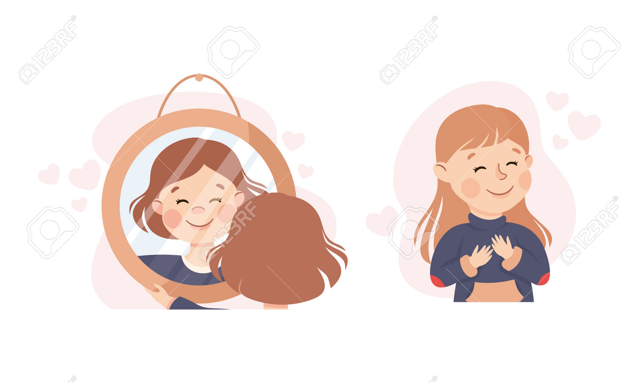 Happy Kids Love Themselves. Girls Holding Hands On Her Chest And Looking In  Mirror. Self Love, Acceptance, Self Care, Happiness Concept Cartoon Vector  Illustration Royalty Free SVG, Cliparts, Vectors, and Stock Illustration., image size:1300x780