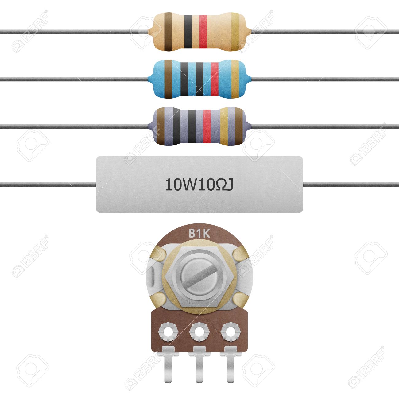 4 6 バンド抵抗器の紙をカット セメントの抵抗器 可変抵抗器は 電気 電子回路白い背景の上のための機器 の写真素材 画像素材 Image