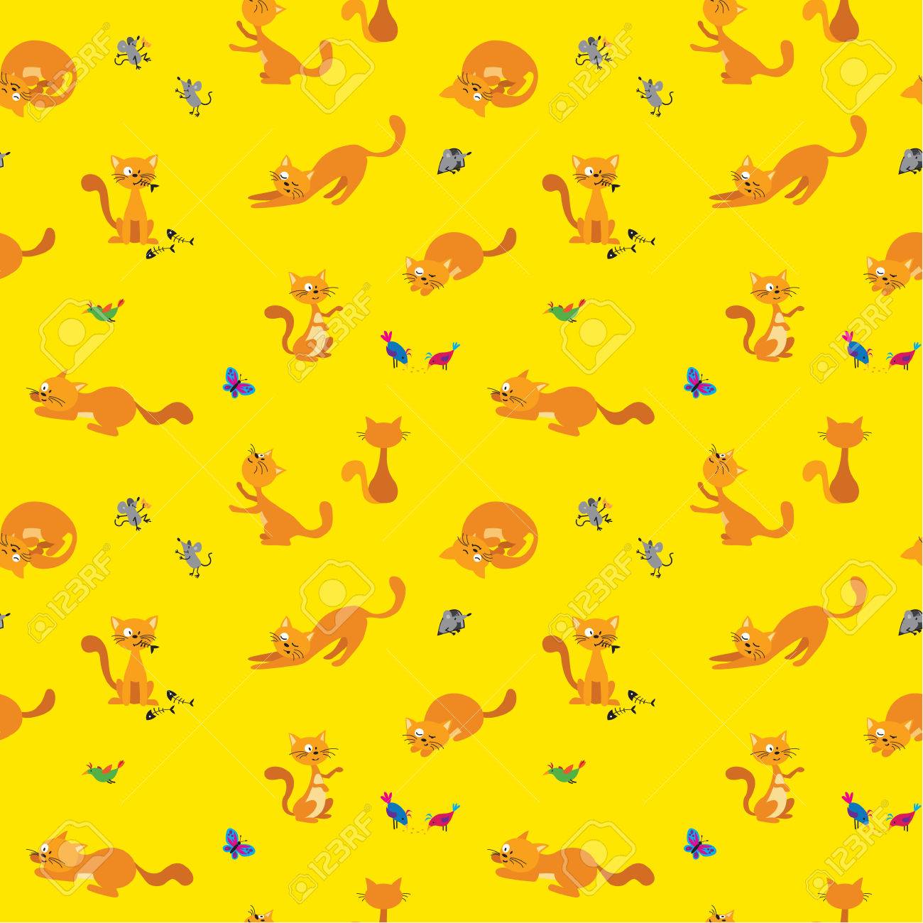 Adorable Dessin Animé Chats De Gingembre Modèle Avec Des Oiseaux Des Souris Et Des Papillons Idéal Pour Toutes Les Choses De Bébé