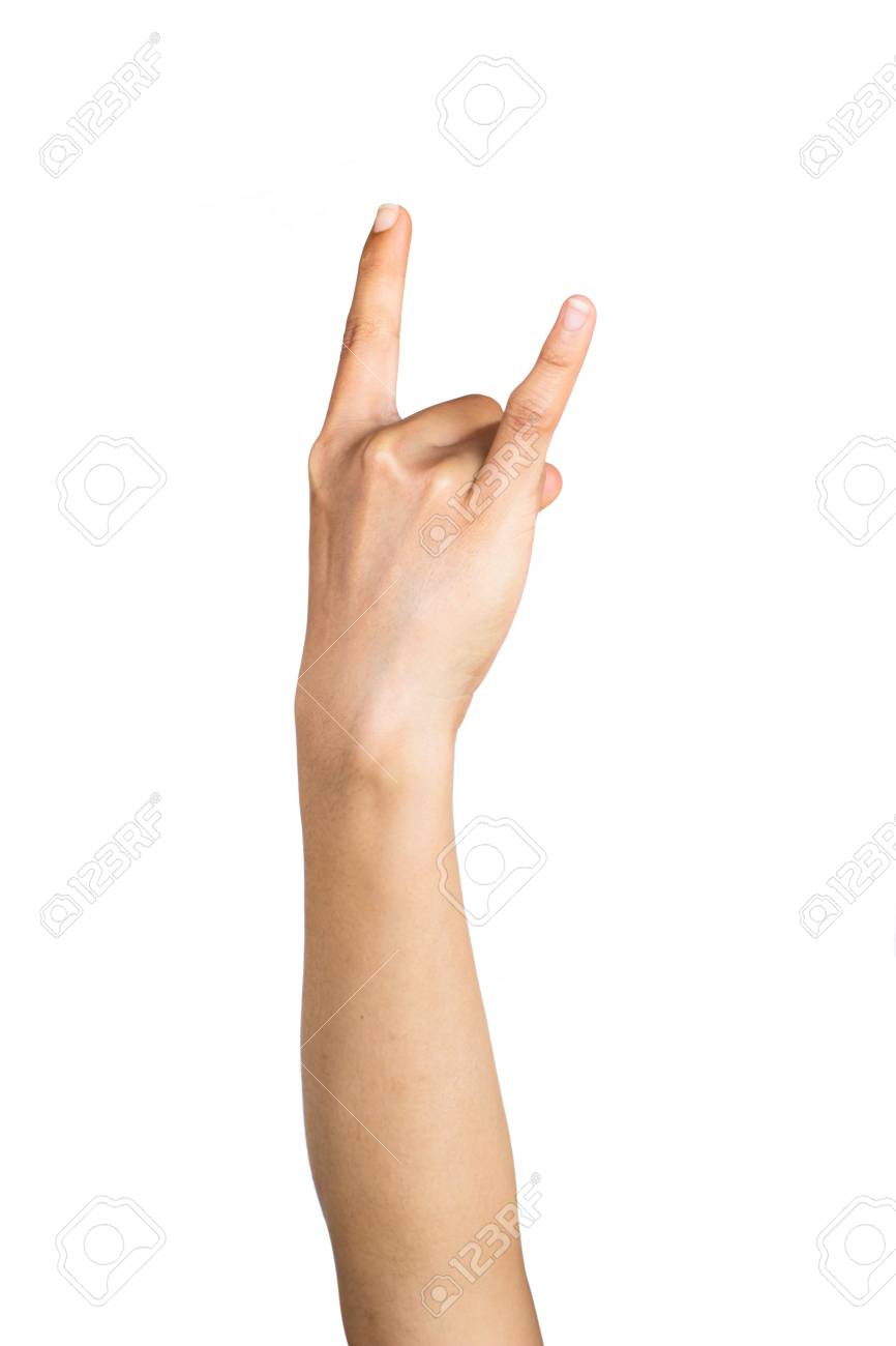 A 角ジェスチャーを作ったり 白い背景の上ロッカー サイン女性手の甲 の写真素材 画像素材 Image