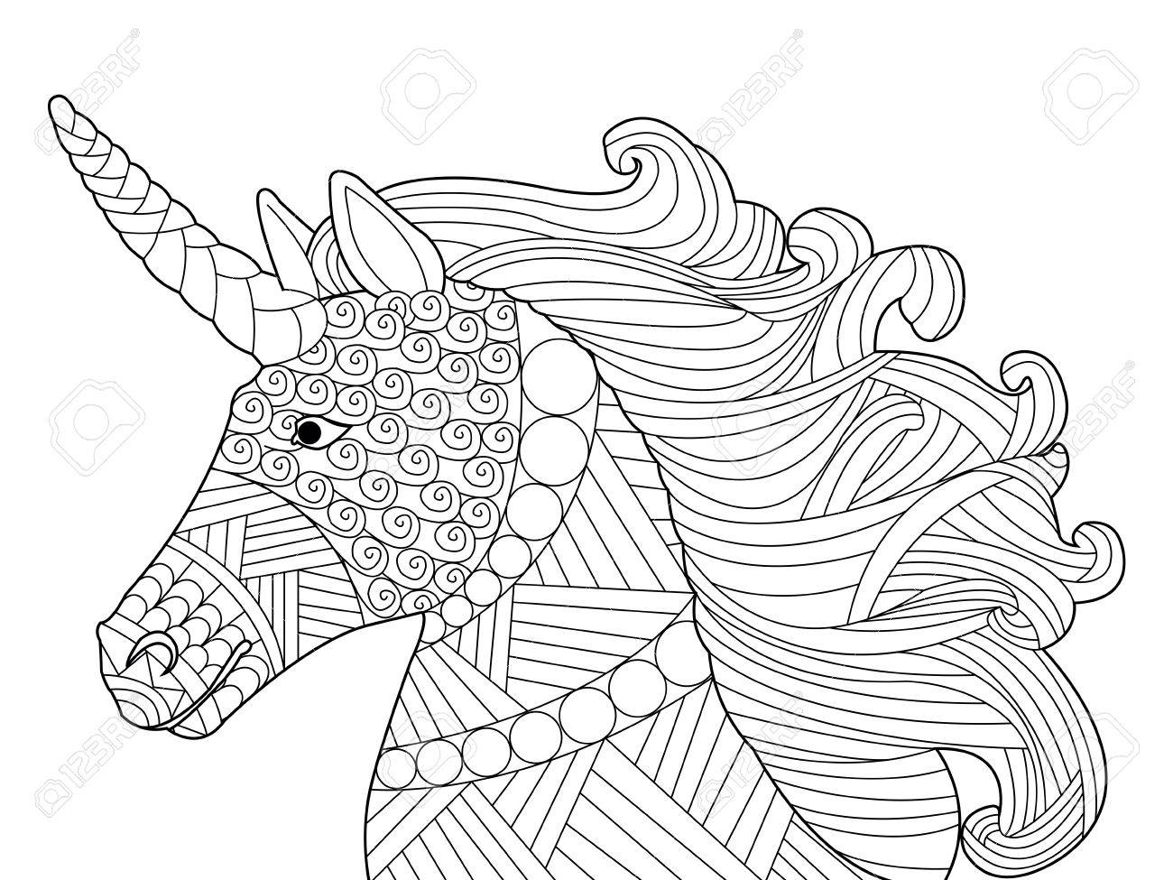 Head Unicorn Coloring Book For Adults Vector Black And White ...