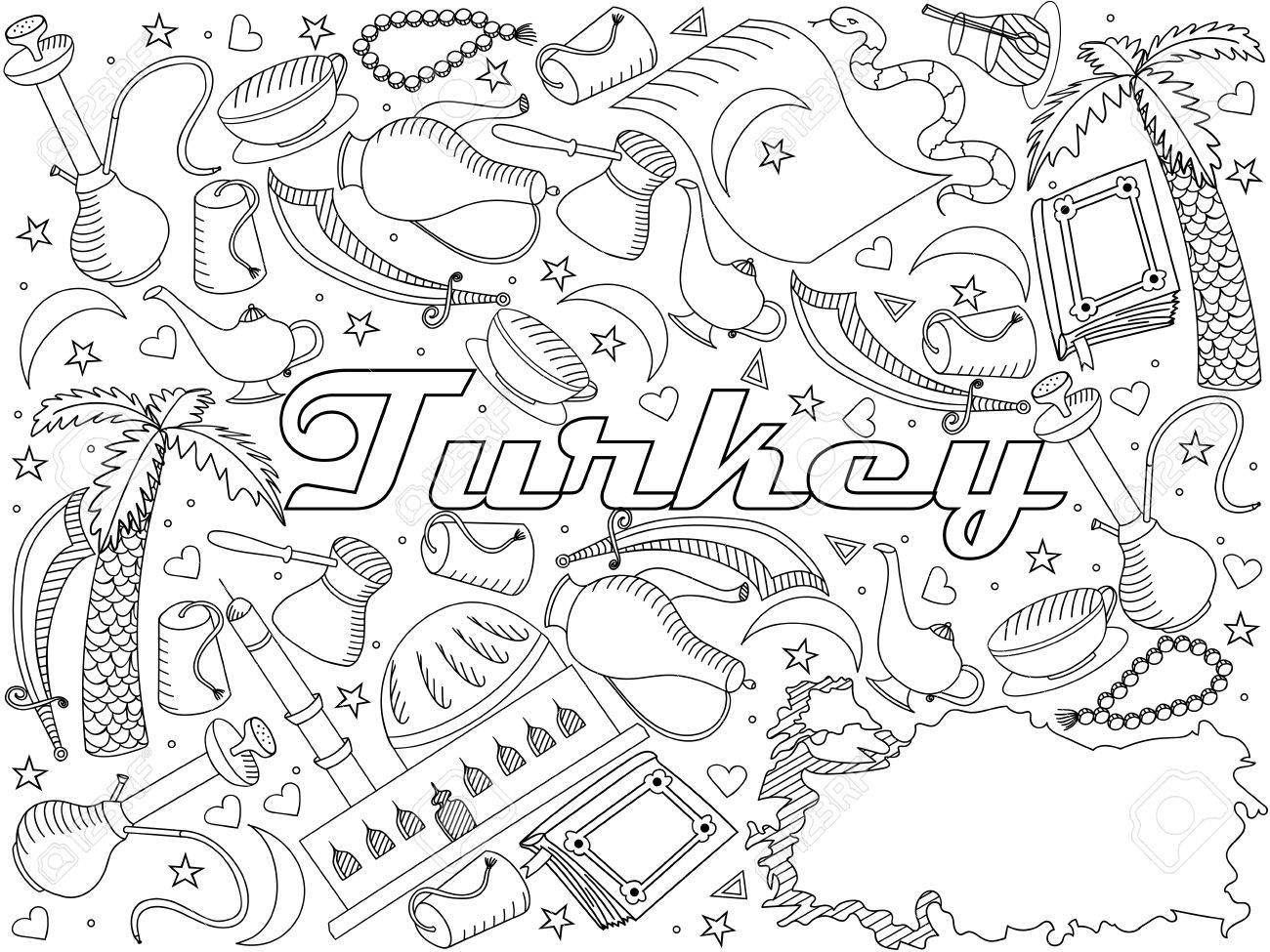 Turquie A Colorier Livre Ligne Art Design Illustration Vectorielle Separez Les Objets Elements De Conception Doodle Dessines A La Main Clip Art Libres De Droits Vecteurs Et Illustration Image 67956529