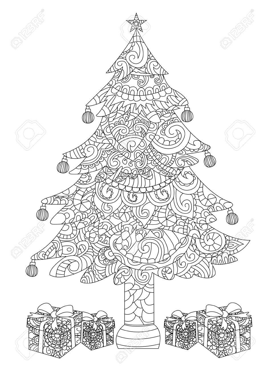 贈り物の挿絵を色とクリスマス ツリー 大人のための着色抗ストレス スタイル 黒と白のライン レース パターン のイラスト素材 ベクタ Image 68064240