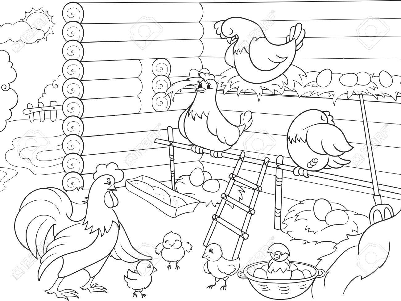 Intérieur Et Vie Doiseaux Dans Le Poulailler à Colorier Illustration Vectorielle De Dessin Animé Denfants Style Zentangle Noir Et Blanc