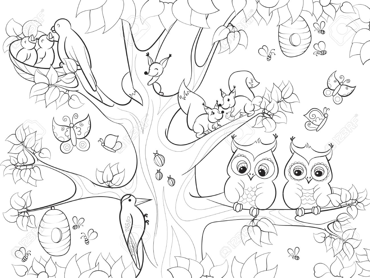 Animaux Et Oiseaux Vivant Sur Larbre Pour Colorier Pour Enfants Illustration Dessin Animée
