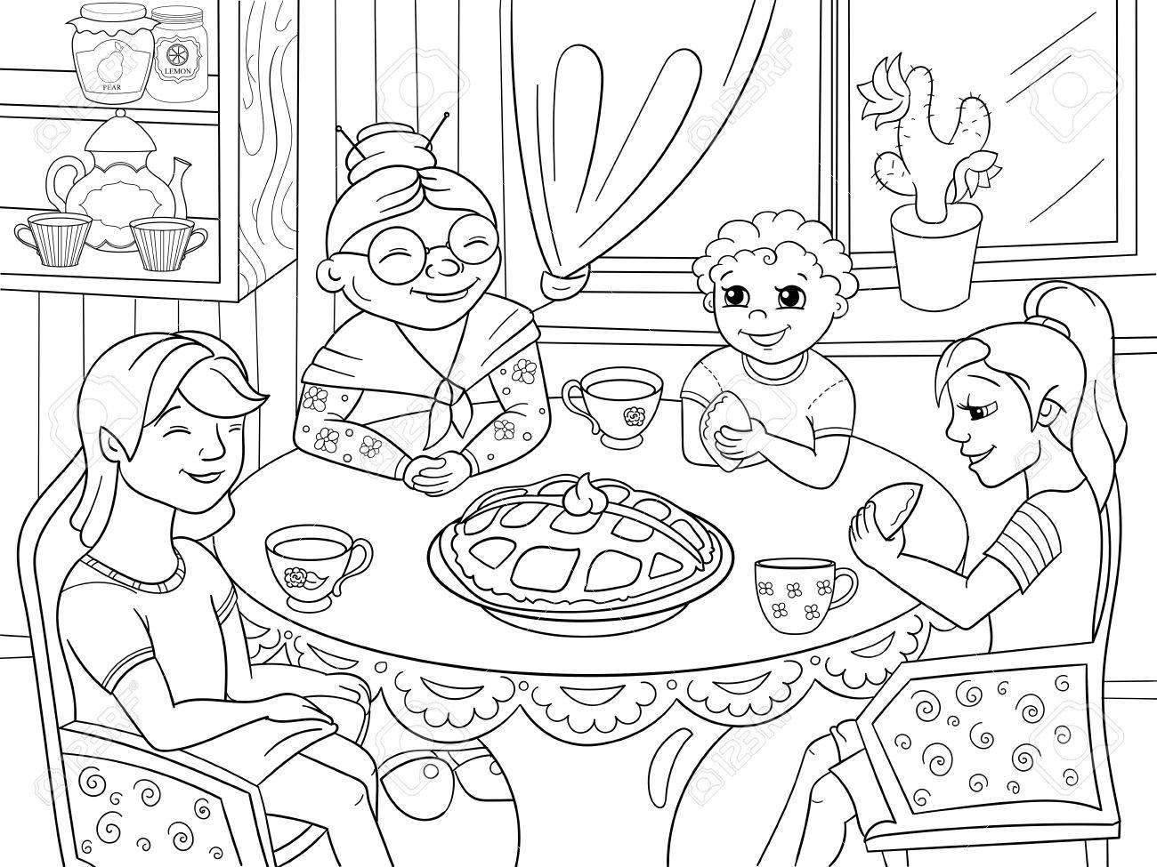 livre a colorier la grand mere est assise table des petits enfants sont venus visiter clip art libres de droits vecteurs et illustration image 80630787 coloriage paris
