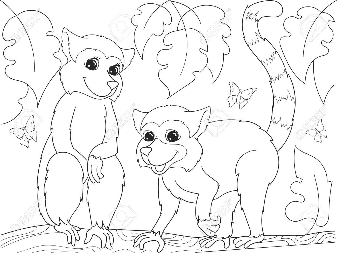 childrens coloring book cartoon family of lemurs on nature for