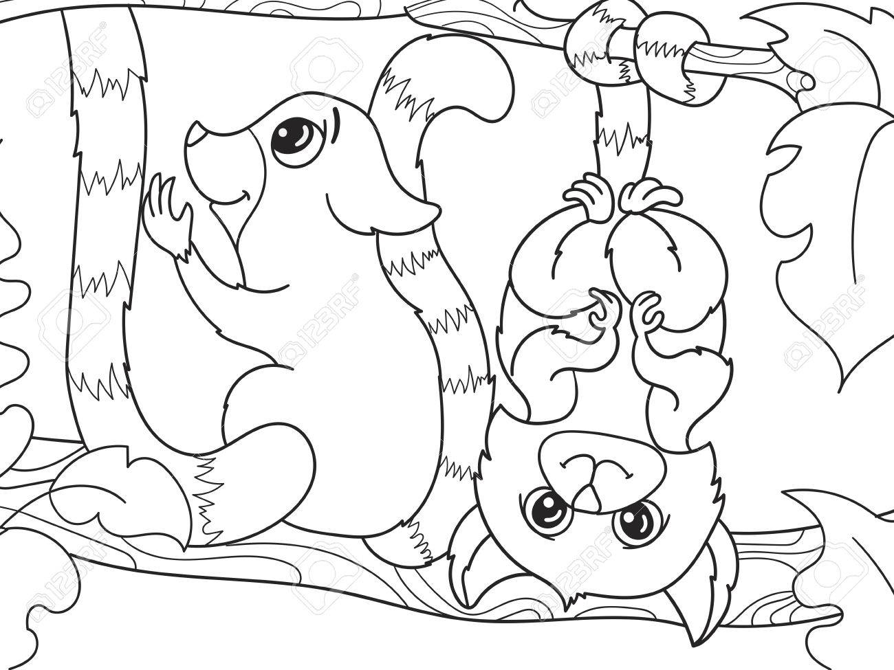 childrens coloring book cartoon family of lemurs on nature for