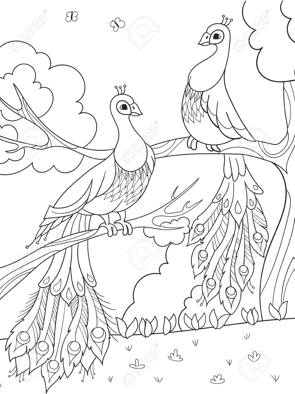 Coloriage De Dessin Animé Pour Les Enfants Un Oiseau Une Plume Doiseau Ou Un Paon Sur Un Arbre Couple Amoureux