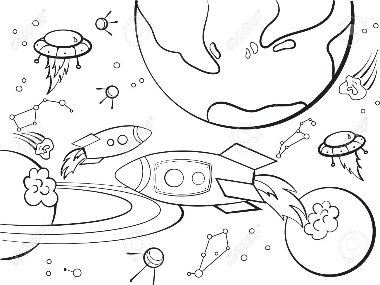 Space With Planets, Rockets, Spaceships, UFO, Constellations ...