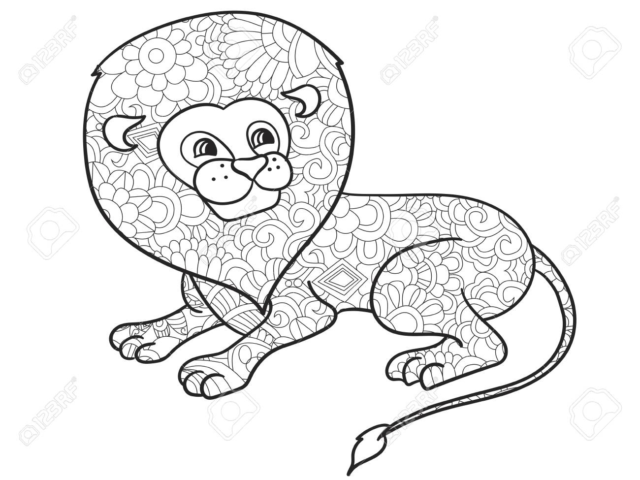 Lion Coloring Book Vector Illustration Animal Anti Stress For Adult Zentangle Style