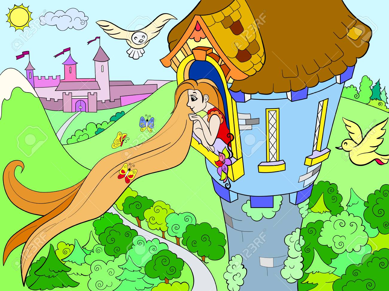 Princess Rapunzel In The Stone Tower For Children Cartoon Vector  Illustration. Zentangle Style. Black And White Royalty Free SVG, Cliparts,  Vectors, and Stock Illustration. Image 91390542., image size:1300x975