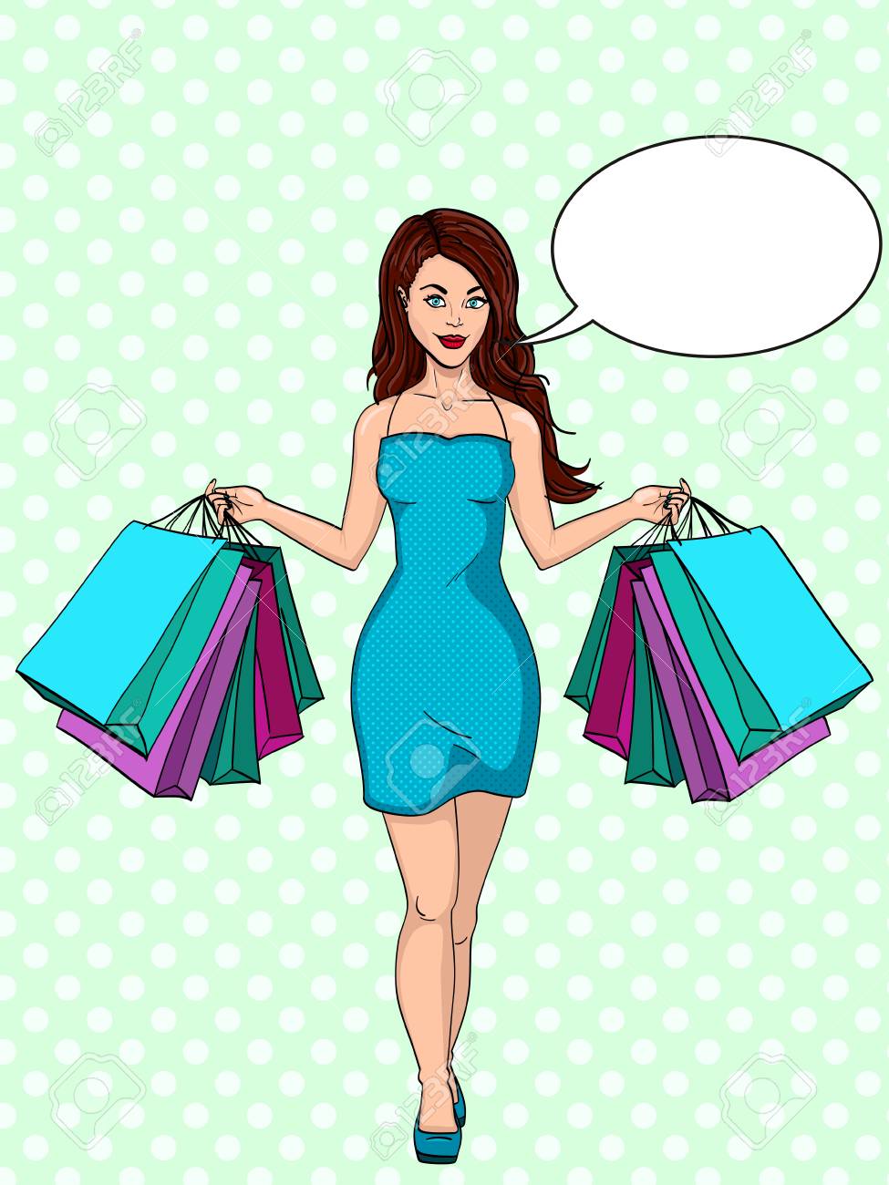 強制的な購入障害 またはオニオマニア 買い物を持つ女の子 私はたくさんの服を買った ギフトバッグ ファッションイラスト ポップアートベクター 漫画の模造 テキストバブル のイラスト素材 ベクタ Image