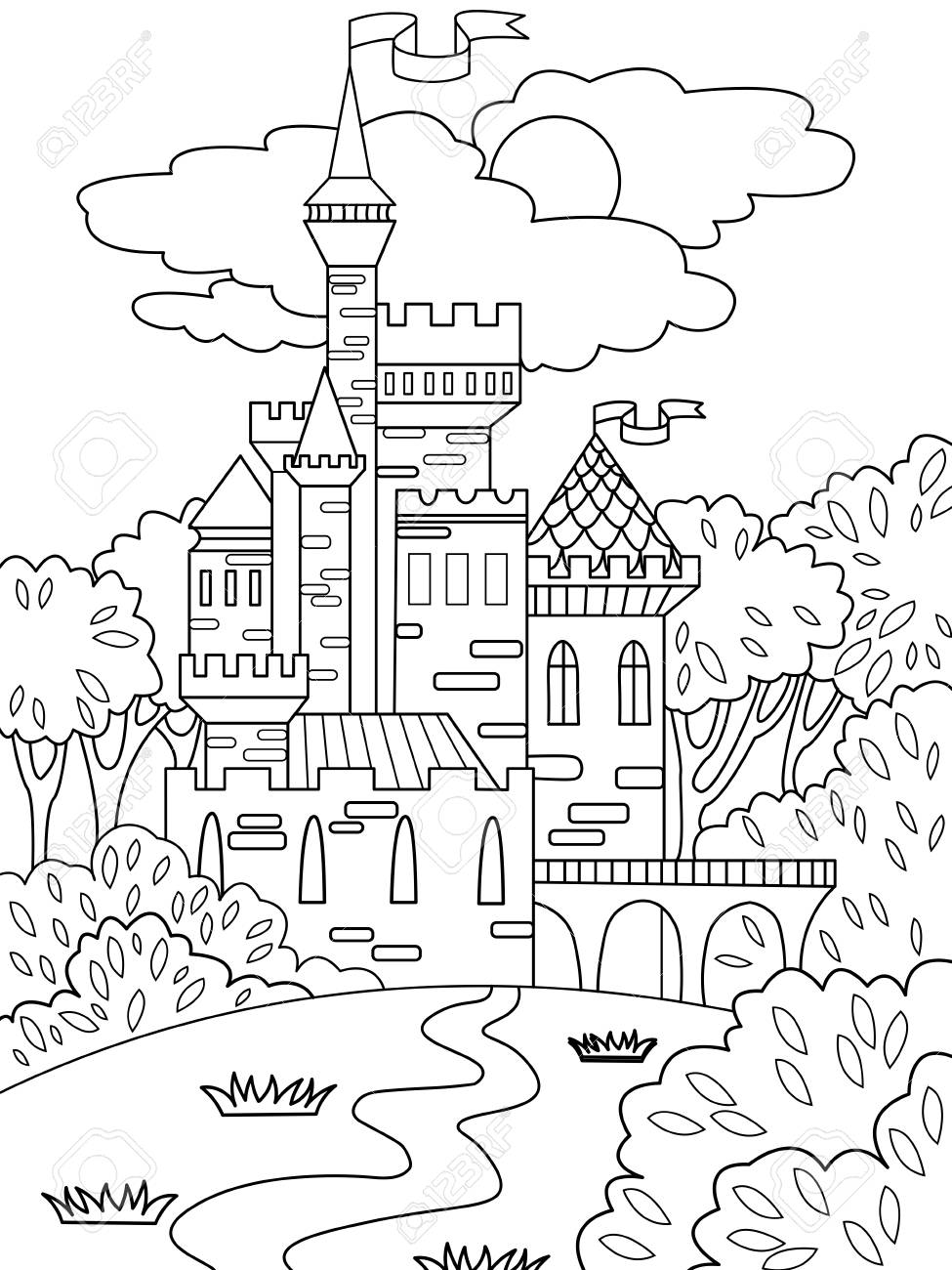 森の中の子供たちは絵の城を着色しました 建物はより頻繁にレンガで作られています 子供のための着色 黒い線 のイラスト素材 ベクタ Image