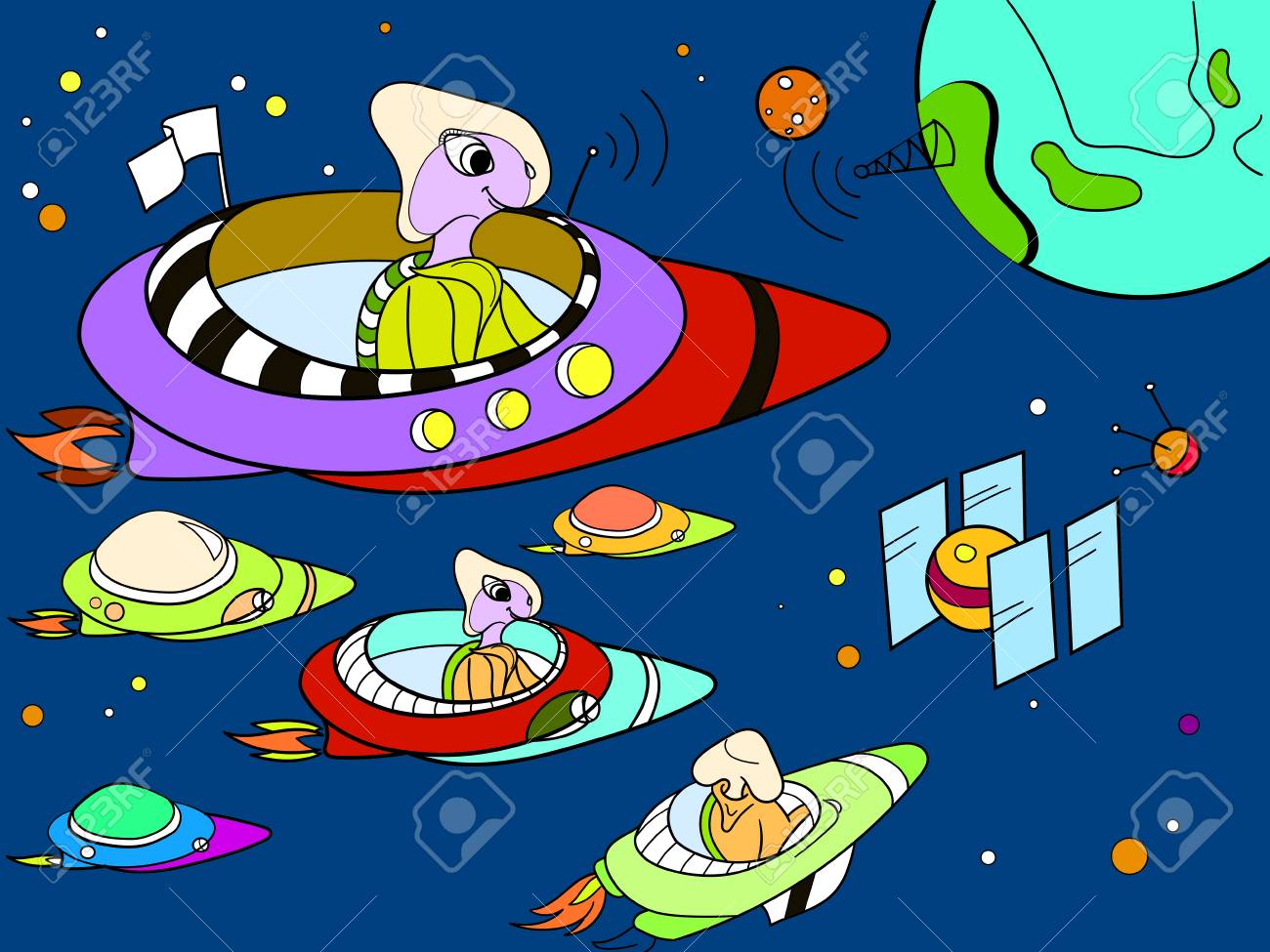 space with planets rockets spaceships ufo constellations color
