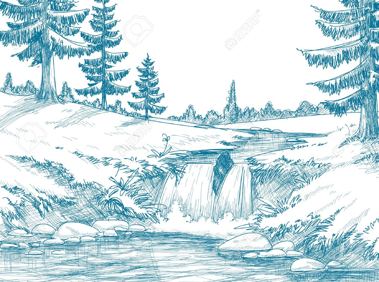 山の川の鉛筆画のイラスト素材 ベクタ Image 山の川の鉛筆画のイラスト素材 ベクタ Image