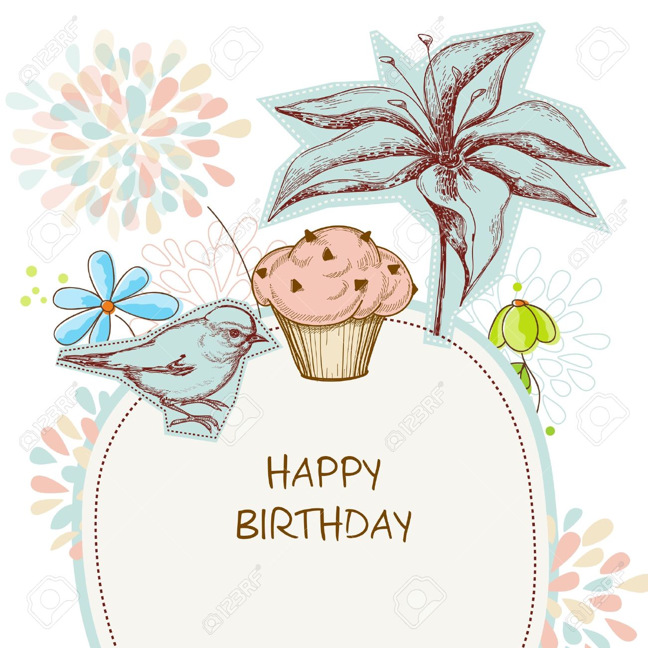 Bonne Carte D Anniversaire Gateau D Oiseaux Et Fleurs Clip Art Libres De Droits Vecteurs Et Illustration Image