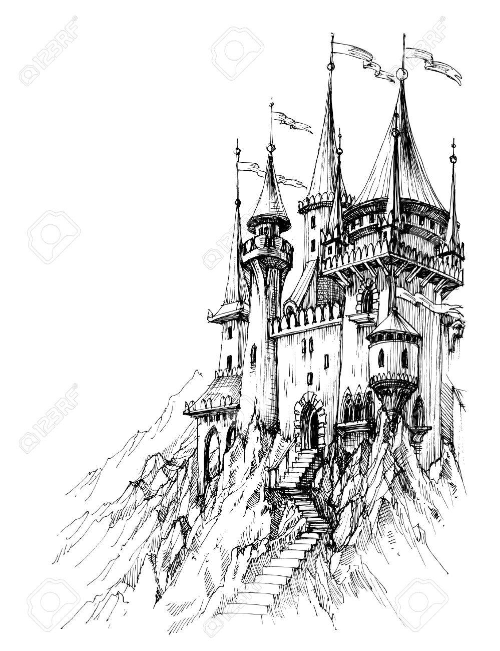 山の中のおとぎ話の城 のイラスト素材 ベクタ Image