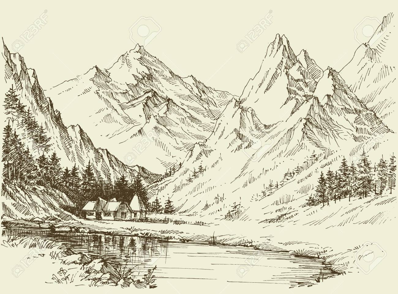 Mountain Landscape Sketch Small Alpine Resort