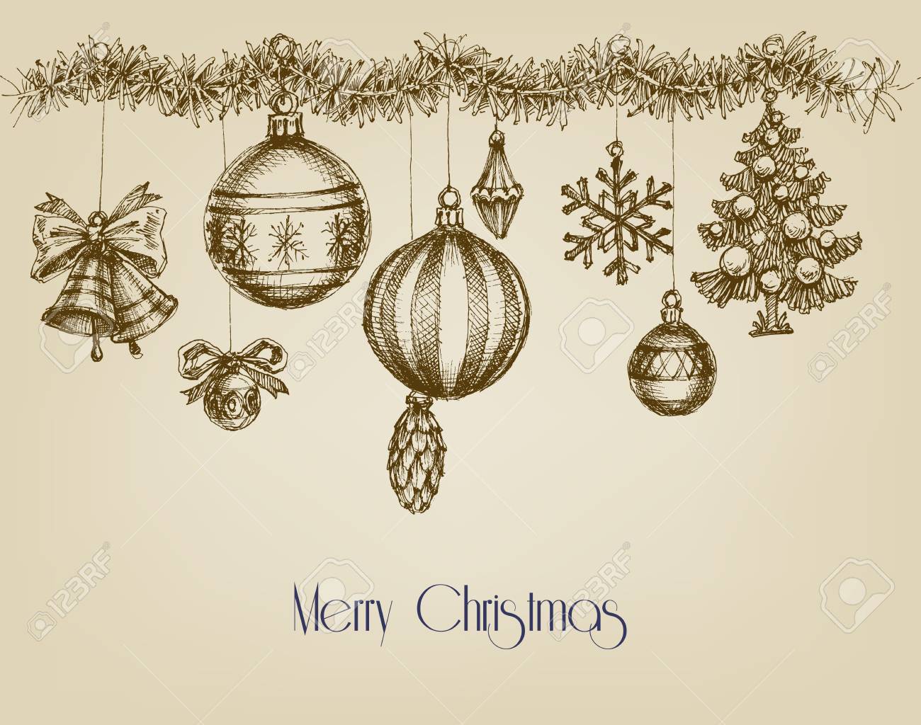 ヴィンテージのクリスマスの飾りと手描きガーランド イラストをデザイン のイラスト素材 ベクタ Image