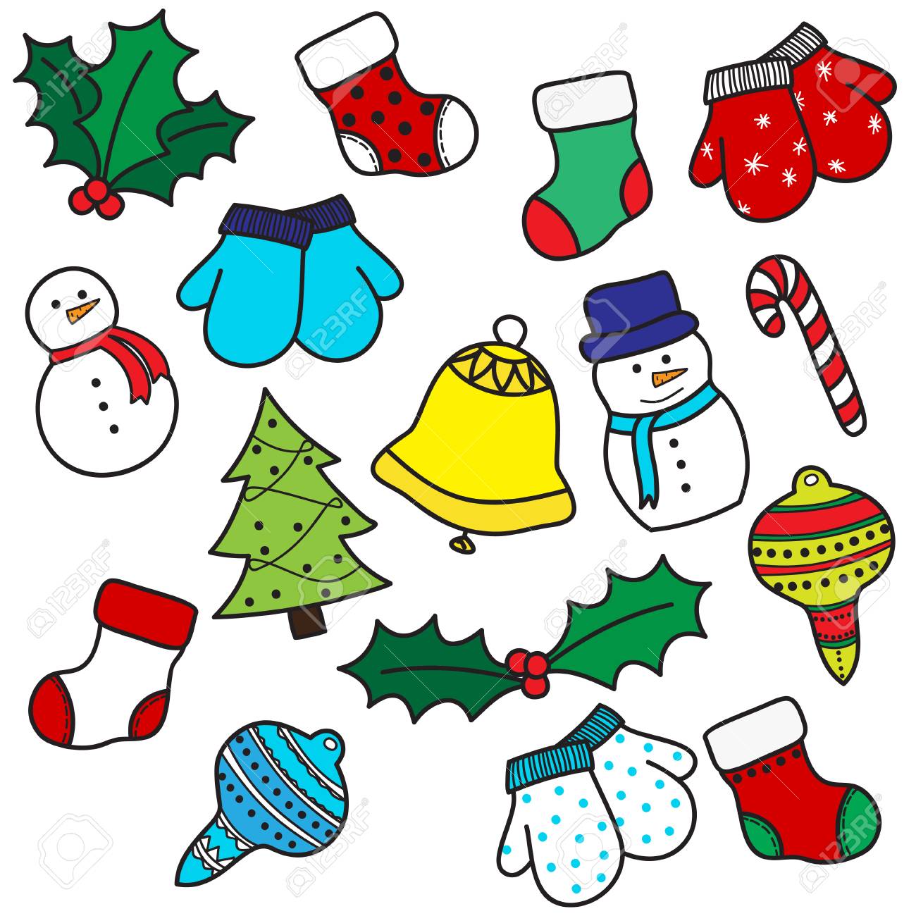 Set of colorful hand drawh cartoon Christmas elements - stockings, mittens, candy cane, holly berries, ornaments, bell, snowman and xmas tree. Vector illustration - 53527601 Set of colorful hand drawh cartoon Christmas elements - stockings, mittens, candy cane, holly berries, ornaments, bell, snowman and xmas tree. Vector illustration - 53527601