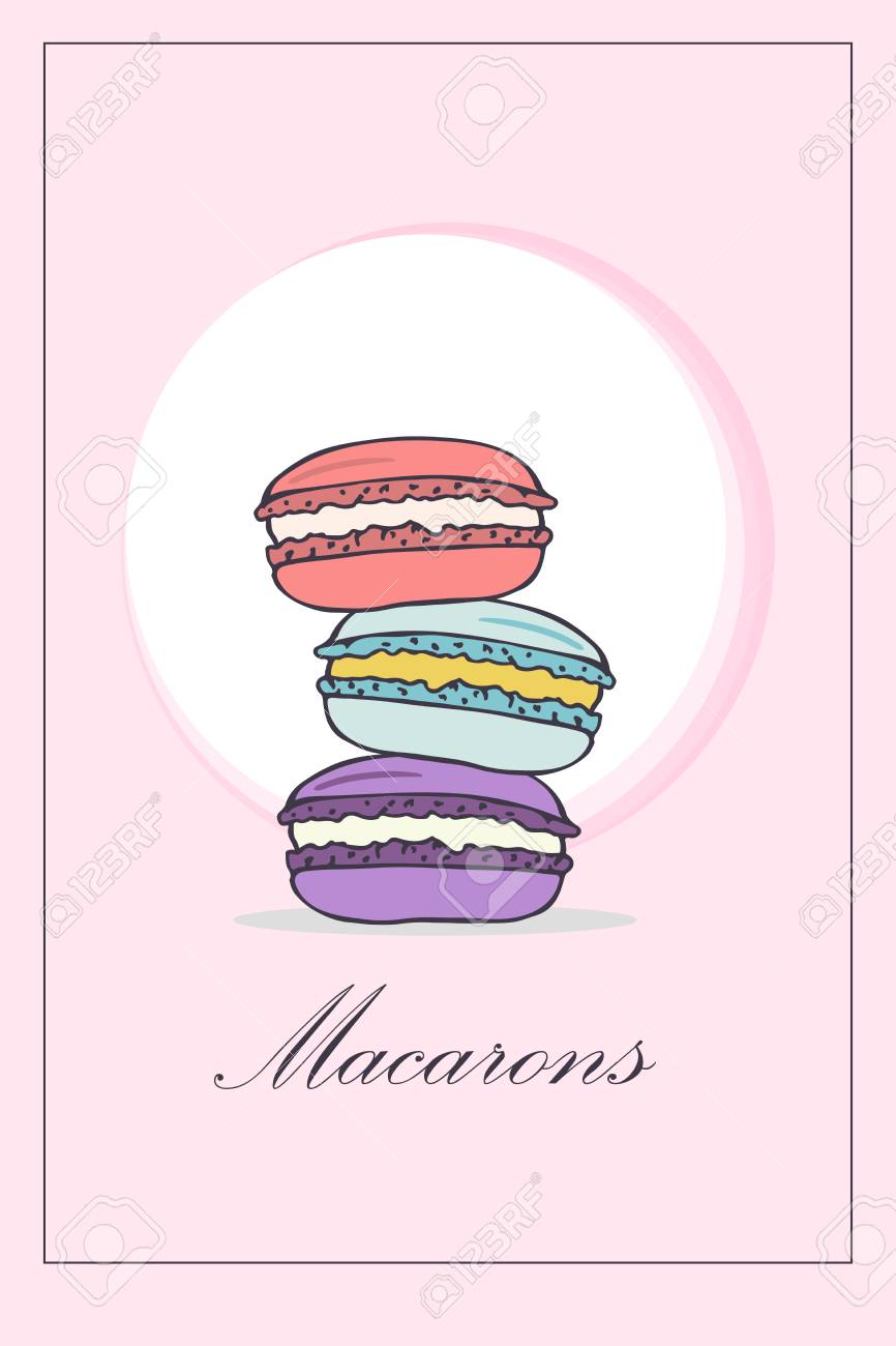 パステル ピンクの背景にカラフルなマカロンとパンフレット メニューの