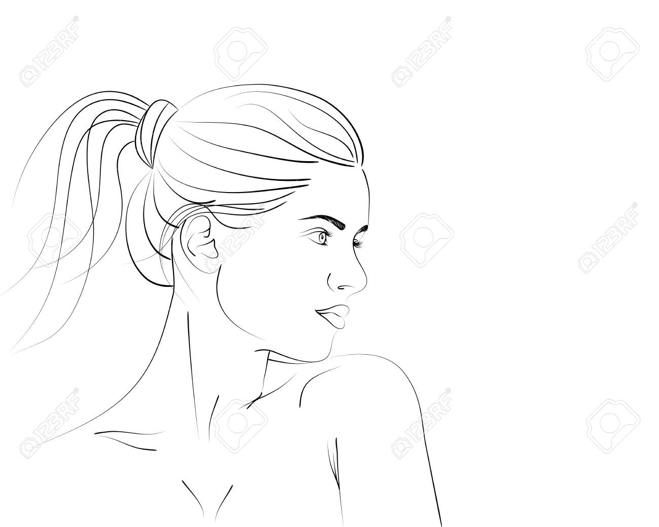Outline Portrait Of Beautiful Woman With Ponytail Hairstyle