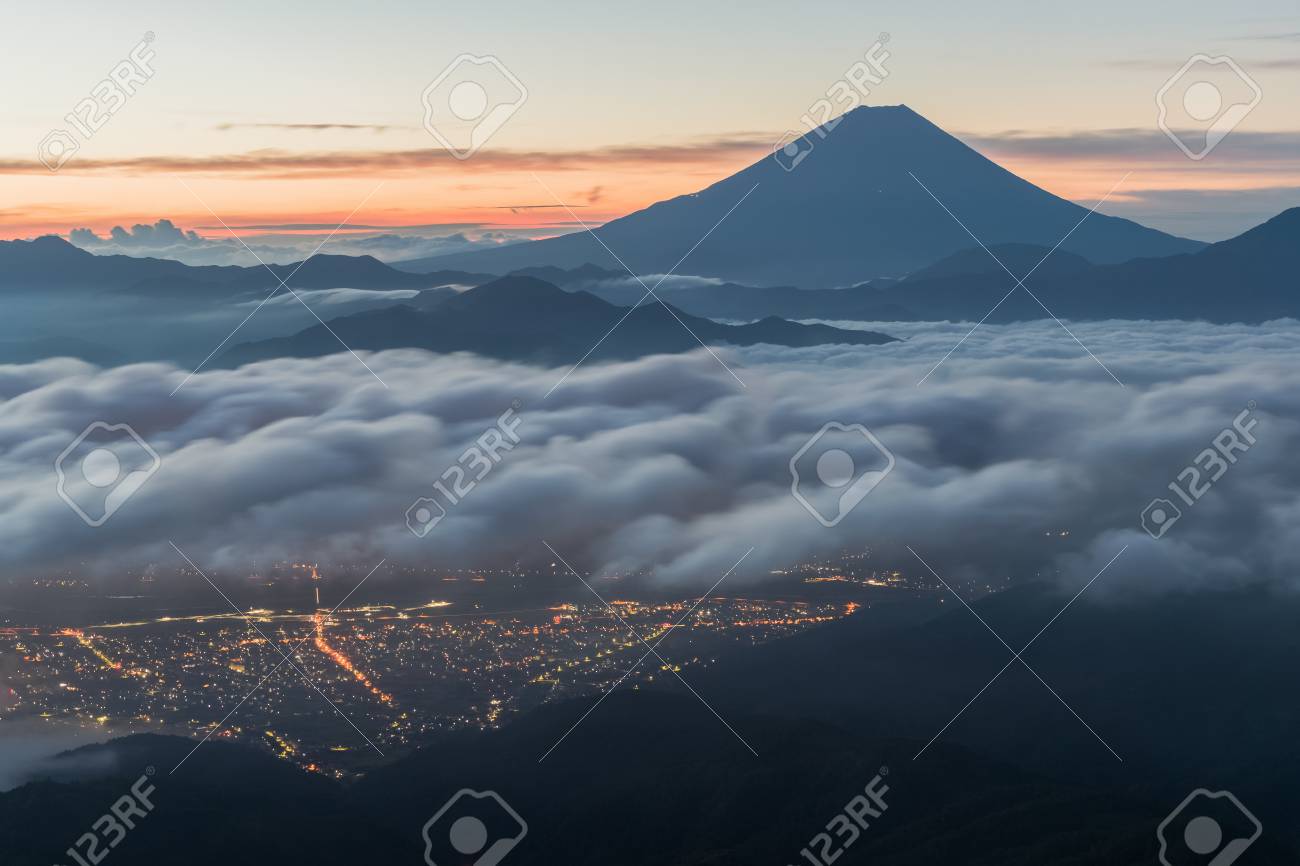 Mt Fuji With Sea Of Clouds In Summer Seen From Mt Kushigata Stock Photo Picture And Royalty Free Image Image 103216393
