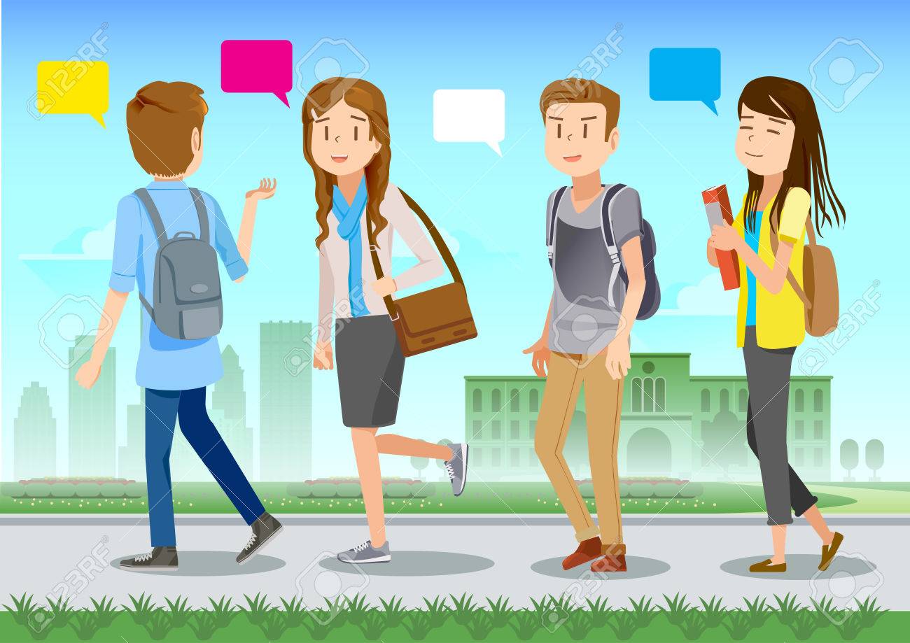 大学生が歩いて 話して チャットします キャンパス内でお互いの知識を交換します のイラスト素材 ベクタ Image