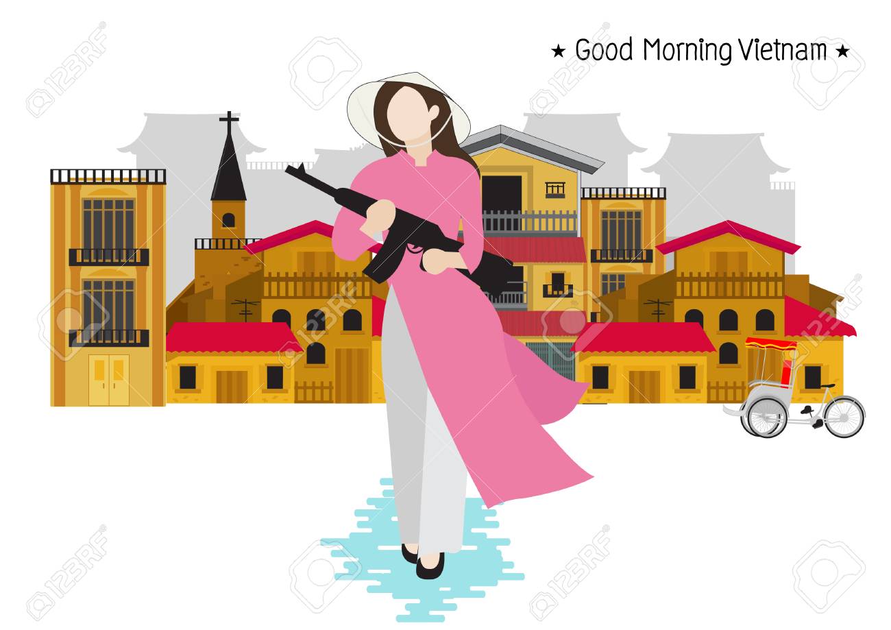 ベトナム人女性が町で銃を持ってるベクトルイラスト のイラスト素材 ベクタ Image