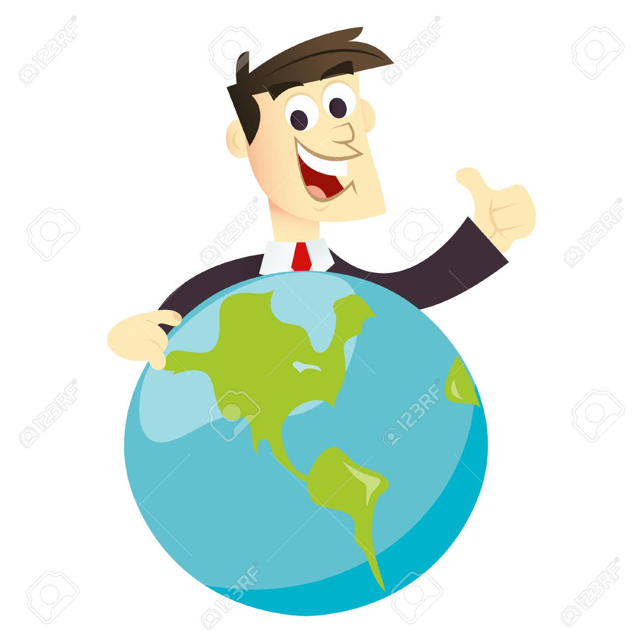 グローバルなビジネスマンの漫画イラスト 彼は地球を支えている間を親指をやって笑っています のイラスト素材 ベクタ Image