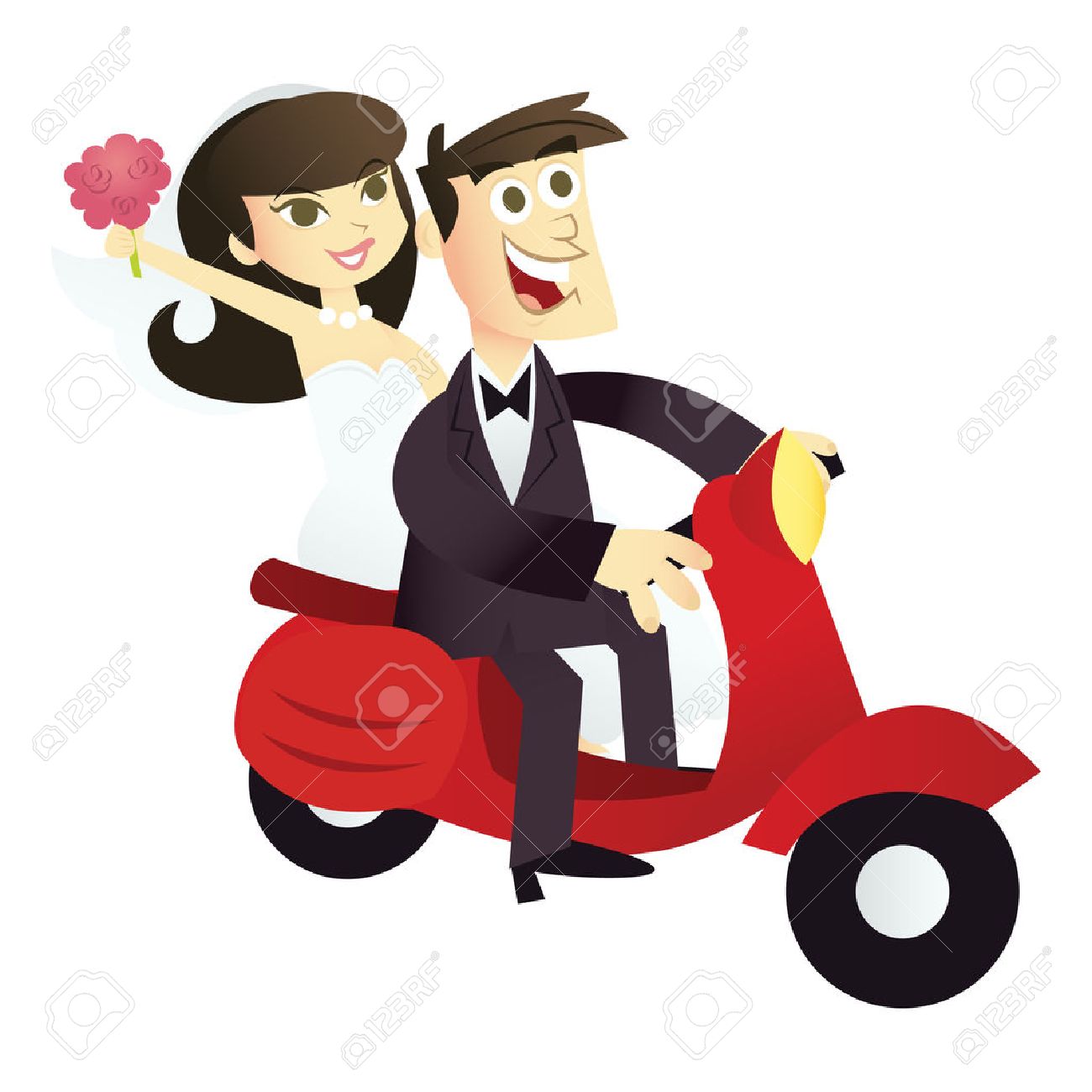 A cartoon illustration of a happy wedding couple on a red scooter. - 39137016 A cartoon illustration of a happy wedding couple on a red scooter. - 39137016