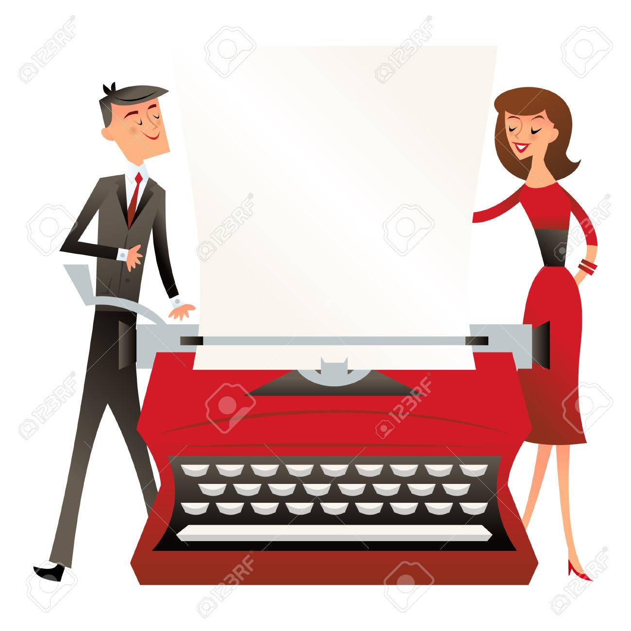 ビジネスの男性とレトロ モダンな世紀半ばに大規模なヴィンテージ タイプライターの後ろに立っている女性のイラスト のイラスト素材 ベクタ Image
